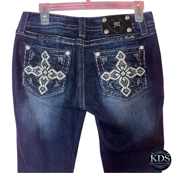 Miss Me Signature Bootcut Jeans Sz 28 — Crystal Front Sequin Cross Back Pockets - Picture 9 of 11
